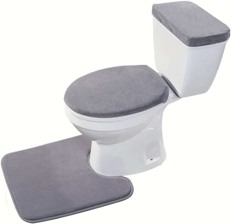 Madeals Velvet Toilet Lid Cover and Tank Lid Cover with Toilet Mat Memory Foam 3 Piece Toilet U Shaped Mat Set Grey - Image 1